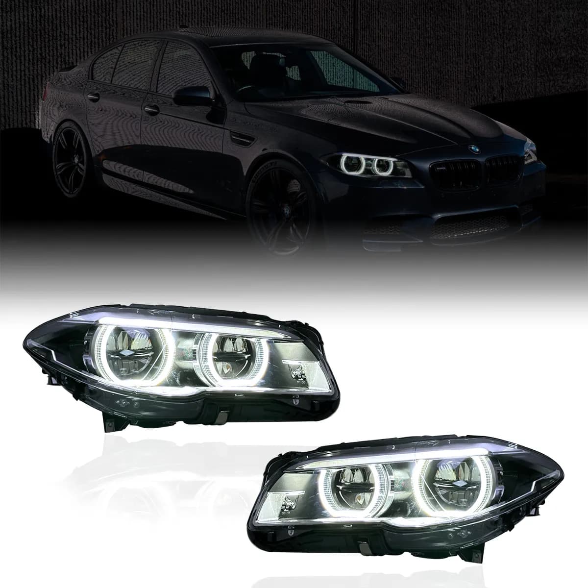 BMW 5 Series F10 with OEM+ Full LED headlight upgrade — modern LED DRL signature replacing the original halos